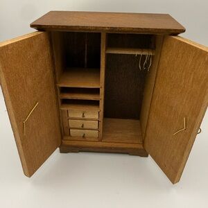 Wood Vintage Doll House Wardrobe W/ 2 Doors, Hanging Rod Hangers Drawers,Shelves